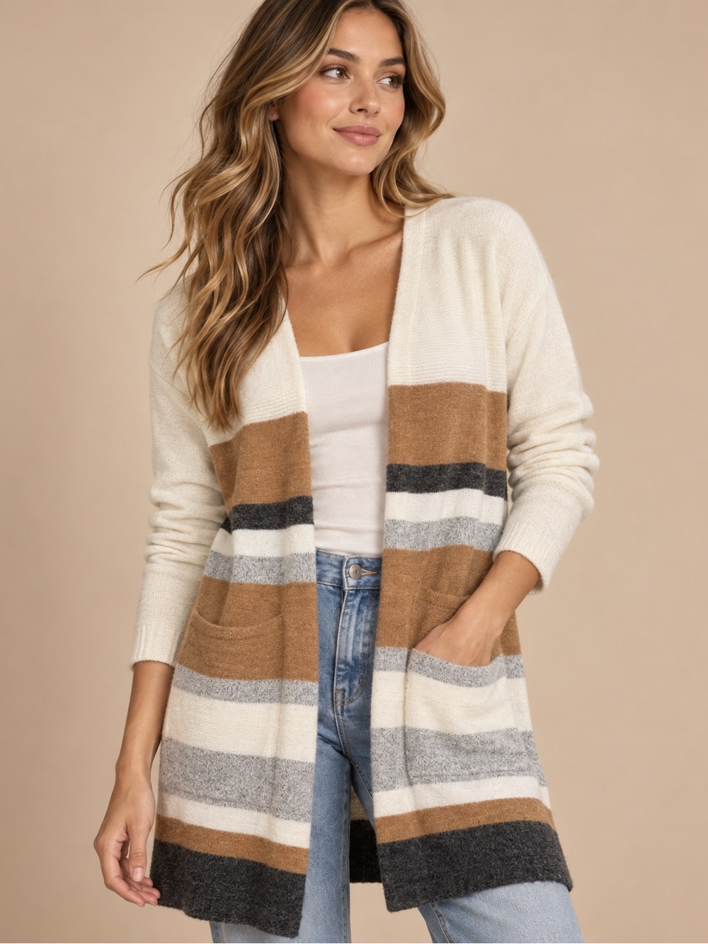 Polagram Open-Front Striped Cardigan in Cream, Brown and Gray Size S